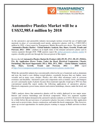 Automotive Plastics Market will be a US$32,985.4 million by 2018