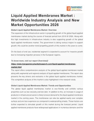 Liquid Applied Membranes Market : Worldwide Industry Analysis and New Market Opportunities 2026