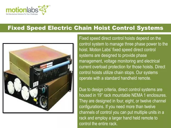 fixed speed electric chain hoist control systems