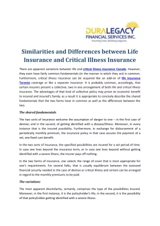 Similarities and Differences between Life Insurance and critical illness Insurance