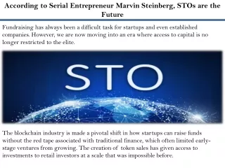 According to Serial Entrepreneur Marvin Steinberg, STOs are the Future