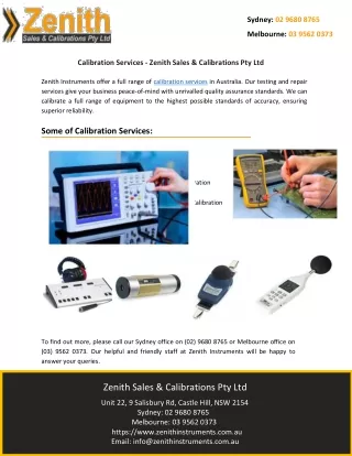Calibration Services - Zenith Sales & Calibrations Pty Ltd