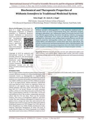 Biochemical and Therapeutic Properties of Withania Somnifera in Traditional Medicinal System