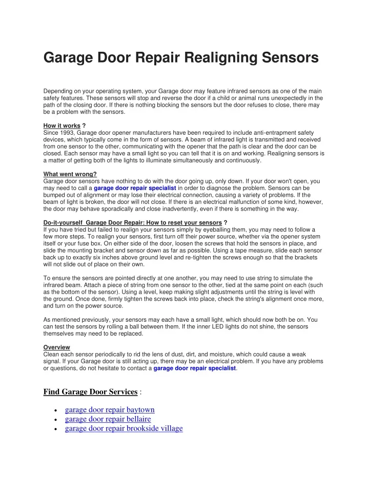 garage door repair realigning sensors depending