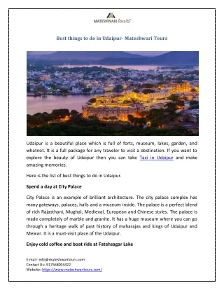 Best things to do in Udaipur- Mateshwari Tours
