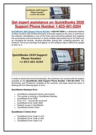QuickBooks 2020 Support Phone Number 1-833-401-0204 Get expert assistance