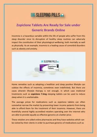 Zopiclone Tablets Are Ready for Sale under Generic Brands Online