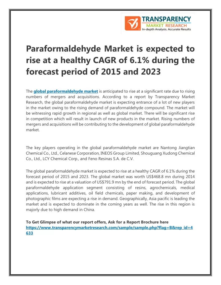 paraformaldehyde market is expected to rise