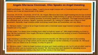 Angelo Sferrazza Cincinnati, Ohio Speaks on Angel Investing