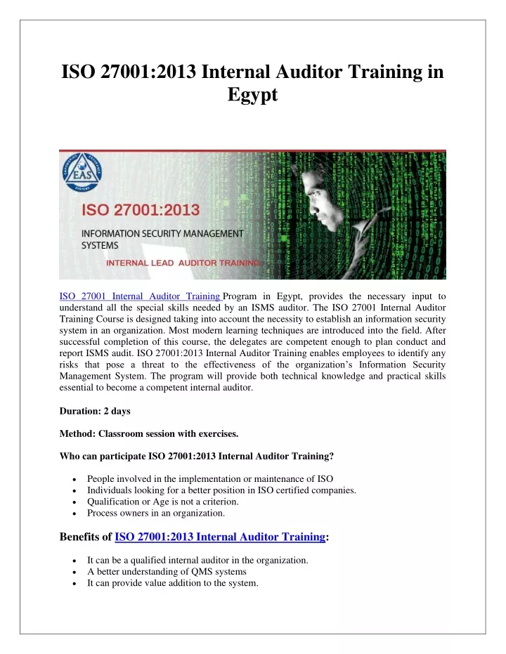 iso 27001 2013 internal auditor training in egypt