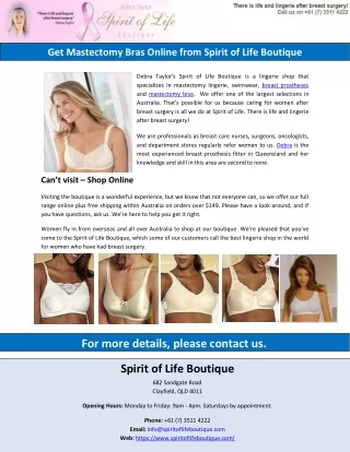 Get Mastectomy Bras Online from Spirit of Life Boutique