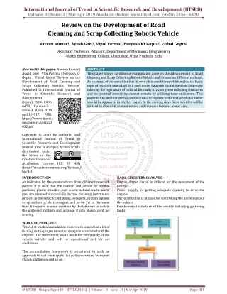 Review on the Development of Road Cleaning and Scrap Collecting Robotic Vehicle