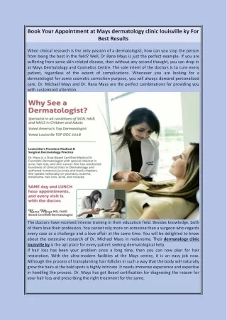 Book Your Appointment at Mays dermatology clinic louisville ky For Best Results