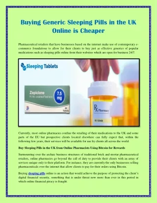 Buying Generic Sleeping Pills in the UK Online is Cheaper