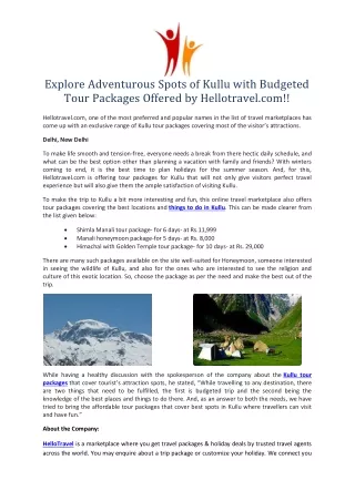 Explore Adventurous Spots of Kullu with Budgeted Tour Packages Offered by Hellotravel.com!!