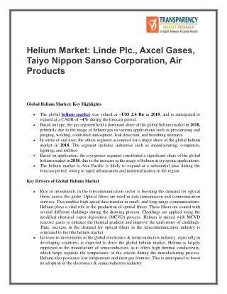 Helium Market :Linde Plc., Axcel Gases, Taiyo Nippon Sanso Corporation, Air Products