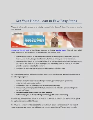Get your home loan in few Easy Steps - J & K Bank