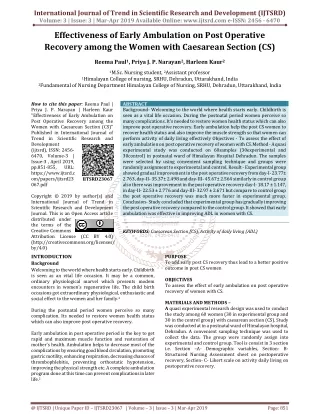 Effectiveness of Early Ambulation on Post Operative Recovery among the Women with Caesarean Section CS