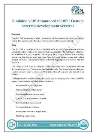 Vindaloo VoIP Announced to Offer Custom Asterisk Development Services