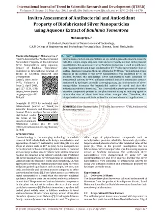 Invitro Assessment of Antibacterial and Antioxidant Property of Biofabricated Silver Nanoparticles using Aqueous Extract