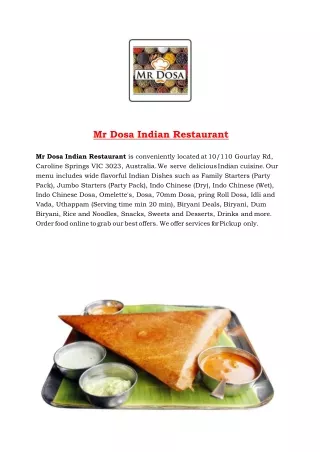 5% Off - Mr Dosa Indian Restaurant Menu Caroline Springs, Vic