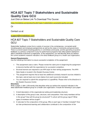HCA 827 Topic 7 Stakeholders and Sustainable Quality Care GCU