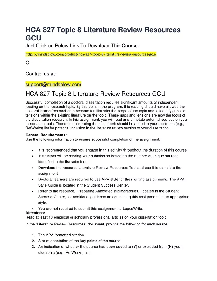hca 827 topic 8 literature review resources