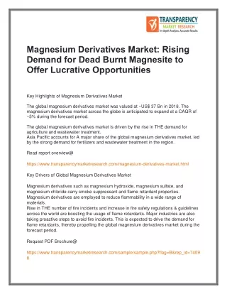 Magnesium Derivatives Market :Rising Demand for Dead Burnt Magnesite to Offer Lucrative Opportunities