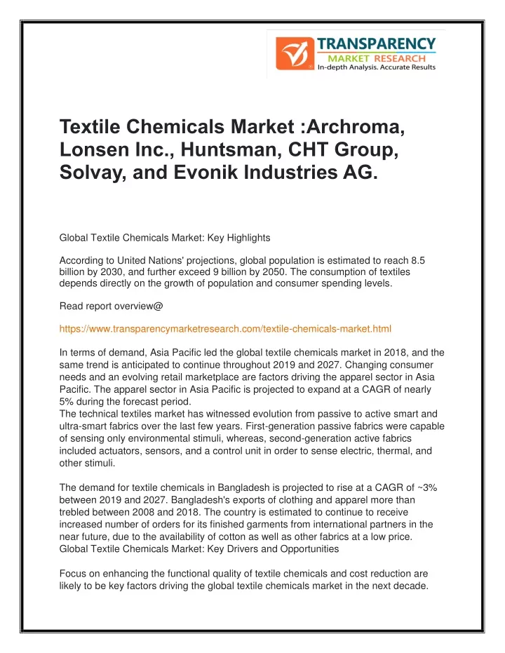 textile chemicals market archroma lonsen