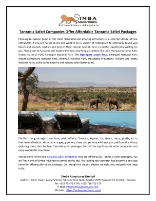 Tanzania Safari Companies Offer Affordable Tanzania Safari Packages