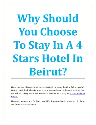 Why Should You Choose To Stay In A 4 Stars Hotel In Beirut?