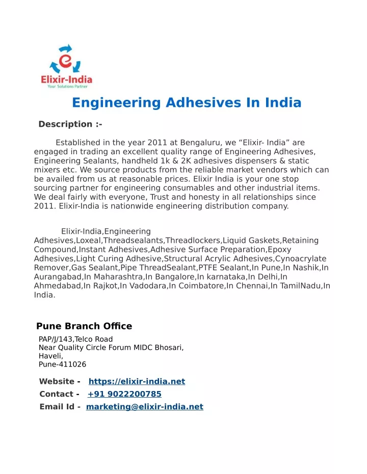 engineering adhesives in india description