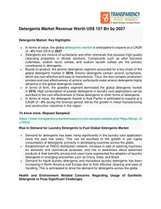 Detergents Market Revenue Worth US$ 157 Bn by 2027