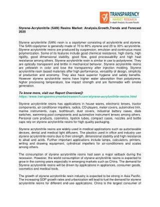Styrene-Acrylonitrile (SAN) Resins Market : Analysis,Growth,Trends and Forecast 2020