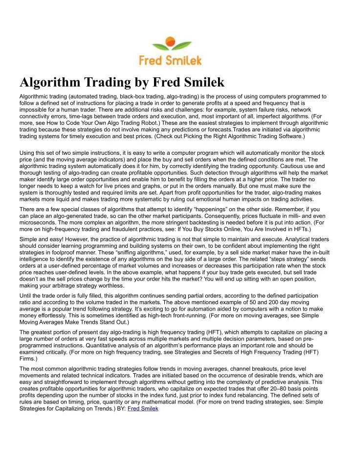 algorithm trading by fred smilek
