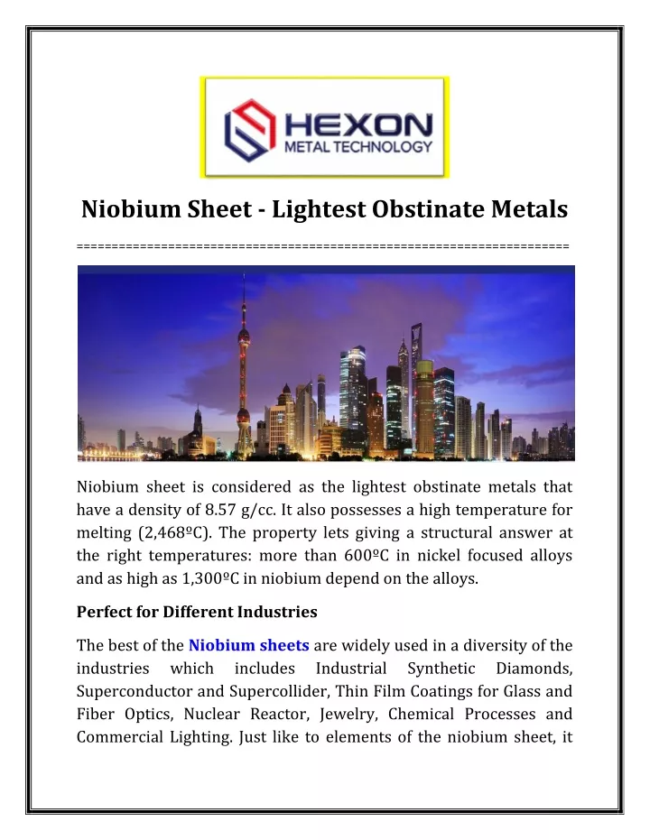 niobium sheet lightest obstinate metals