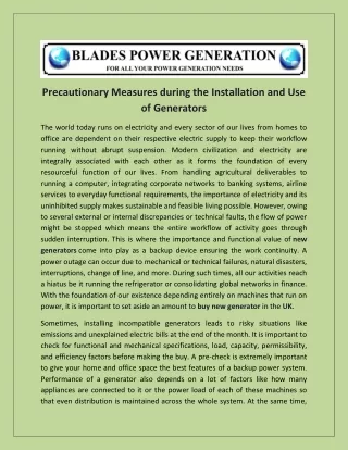 Precautionary Measures during the Installation and Use of Generators