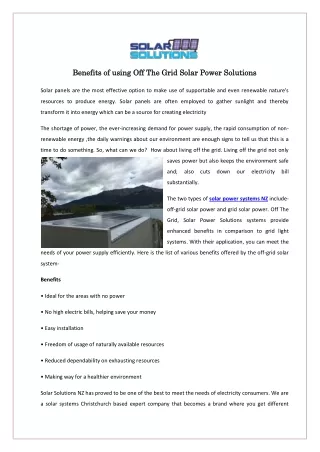 Benefits of using Off The Grid Solar Power Solutions