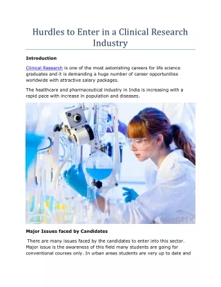 Hurdles to Enter in a Clinical Research Industry