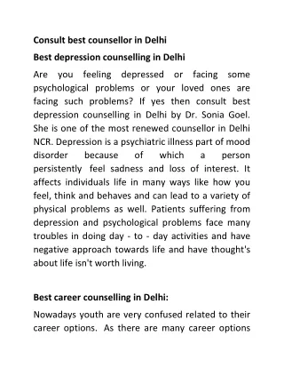 Consult best counsellor in Delhi |Best depression counselling in Delhi