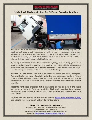 Mobile Truck Mechanic Sydney For All Truck Repairing Solutions
