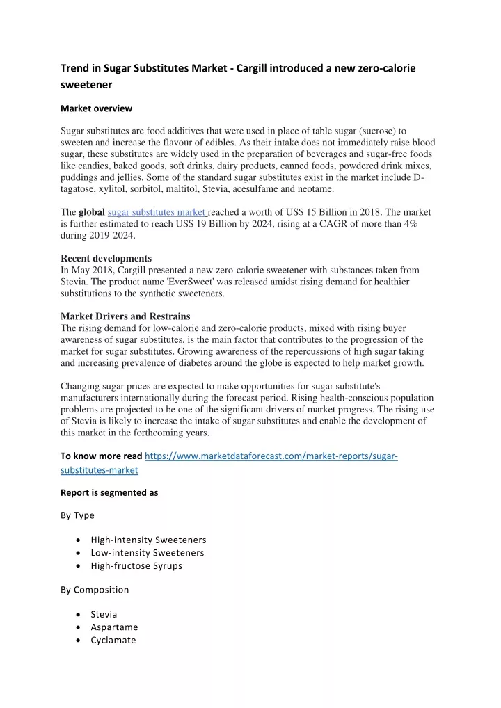trend in sugar substitutes market cargill