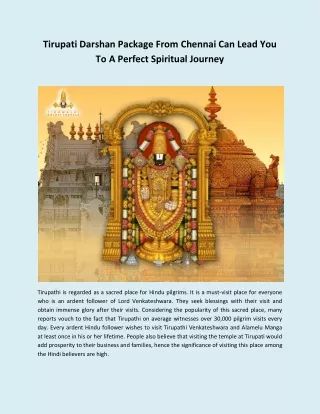 Tirupati Darshan Package From Chennai Can Lead You To A Perfect Spiritual Journey