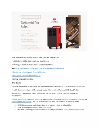 Dehumidifier sale. Industrial dehumidifier and swimming pool dehumidifier sale in UAE, Saudi Arabia and Oman