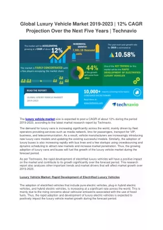 Global Luxury Vehicle Market 2019-2023 | 12% CAGR Projection Over the Next Five Years | Technavio