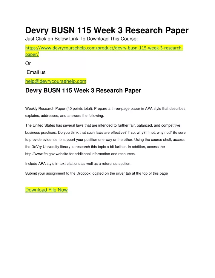 devry busn 115 week 3 research paper just click