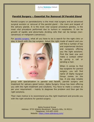 Parotid Surgery – Essential For Removal Of Parotid Gland