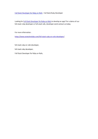 Full Stack Developer for Ruby on Rails - Full Stack Ruby Developer