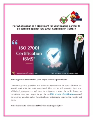 For what reason is it significant for your hosting partner to be certified against ISO 27001 Certification (ISMS)?
