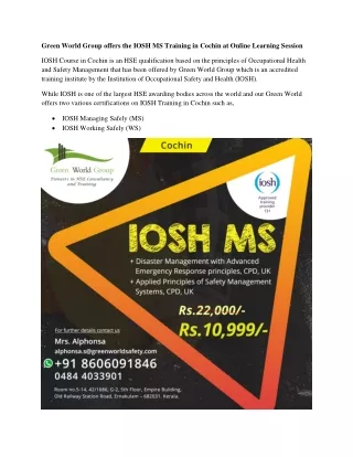 Green World Group offers the IOSH MS Training in Cochin at Online Learning Session